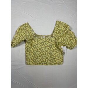 NWT Casual/Dressy BP Floral Smocked Square Neck Puff Sleeve Crop Top Yellow XS